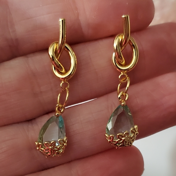 925 earrings ice blue real gold plated flowers aquamarine topaz knot crystal - Picture 7 of 15